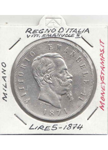1874 Lire 5 Regno D'Italia Vittorio Emanuele II BB
